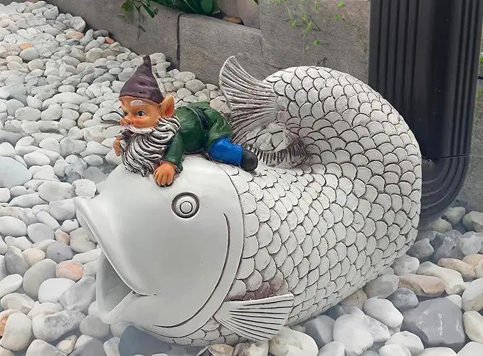 Gnome Fish Sculpture, Garden Animal Statue & Outdoor Decor, Eco-Friendly Resin Gutter Diverter Rain, Decorative Gutter Extension Downspout, Splash Block, Perfect for 3"x4" Downspouts by GreenHaven Gardens