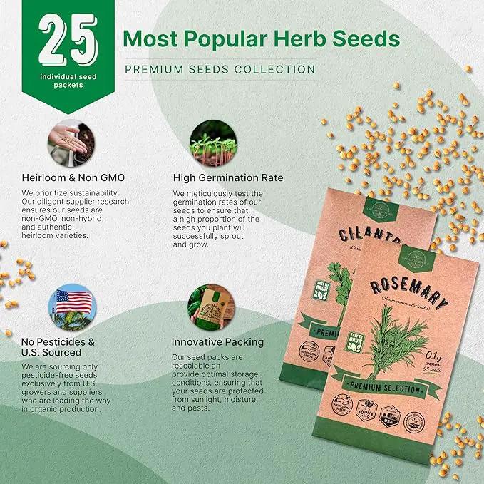 25 Most Popular Herb Seeds Variety Pack - 11,700 Non-GMO Heirloom Seeds for Planting Herbs in Individual Seed Packets for Hydroponic, Indoor & Outdoor Gardening by GreenHaven Gardens