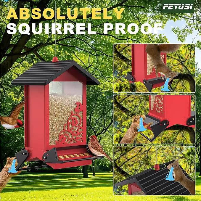 Squirrel Proof Bird Feeder for Outdoor Hanging,Metal Bird Seed Feeder with Bilateral Weight Activated Perches,5LB Large Capacity Wild Bird Feeders for Outside,Easy Refill and Clean,Red by GreenHaven Gardens