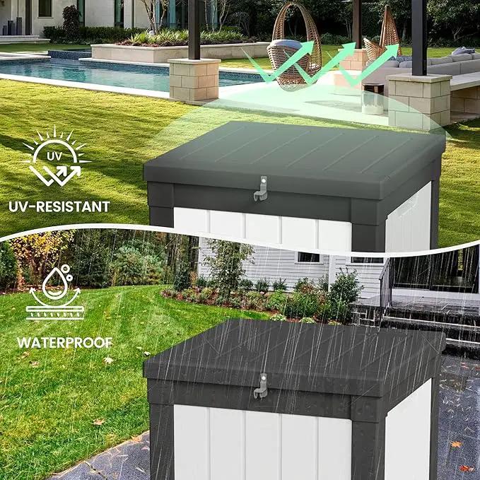 50 Gallon Storage Box, Waterproof Deck Box for Indoor & Outdoor Use, Lockable Pool Storage Bin for Package Delivery, Outdoor Bench for Patio Cushions, Garden Tools, Backyard, Black & White by GreenHaven Gardens
