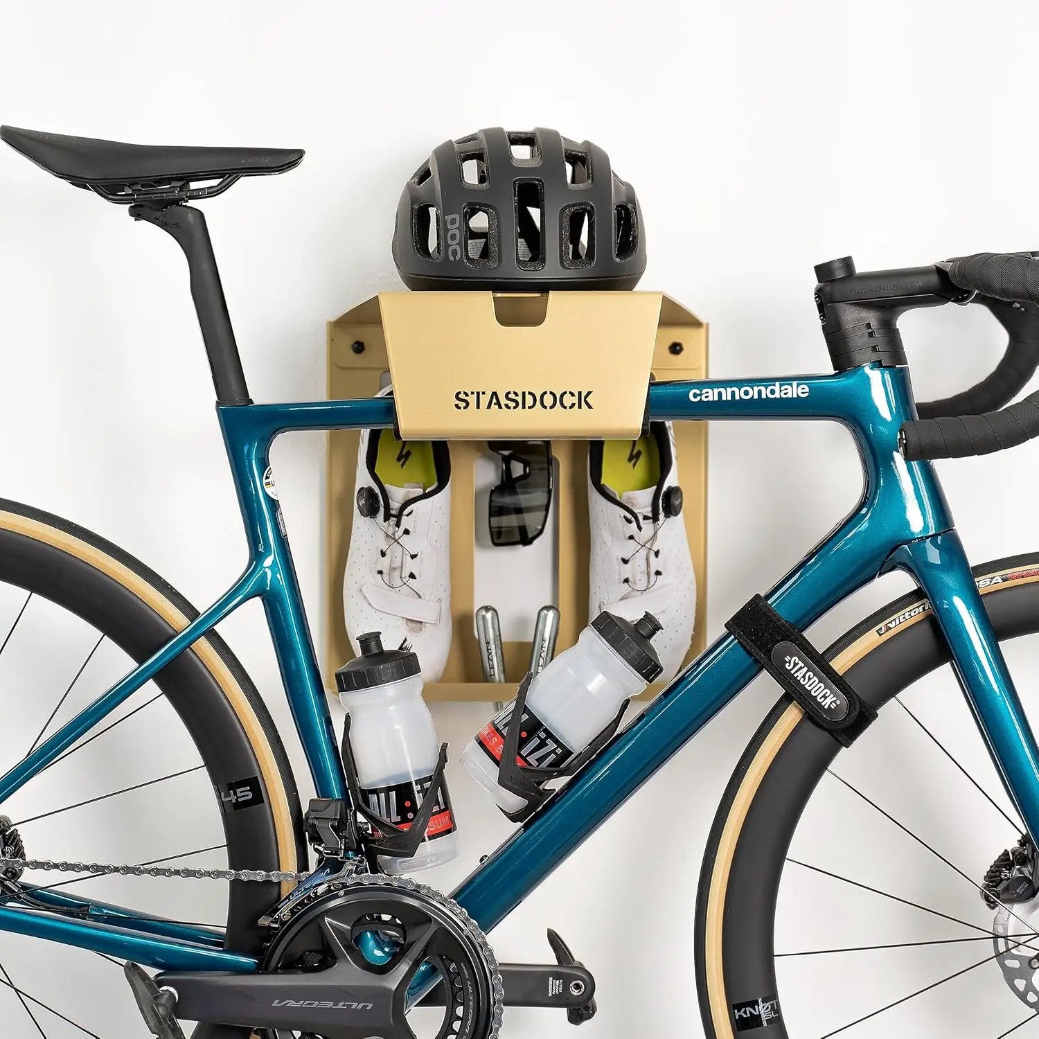 Wall Bike Rack | Bike Storage Wall Mount System | For Race Bicycles (New Gold) and Mountain Bikes | Bike Shelf | Indoor bike wall bracket | Store your helmet and shoes | Home and Garage by GreenHaven Gardens