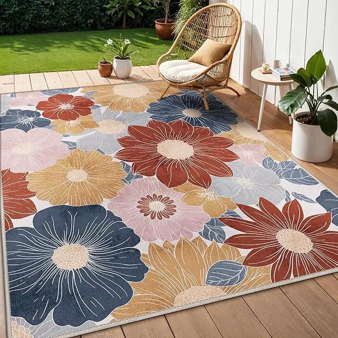 GENIMO Indoor Outdoor Area Rug 8' X 10' Waterproof, Washable Patio Rug Non Shedding, Easy Cleaning Floral Outdoor Carpet for Living Room, Bedroom, Dining Room, Balcony, Backyard, Deck, RV, Red Blue by GreenHaven Gardens