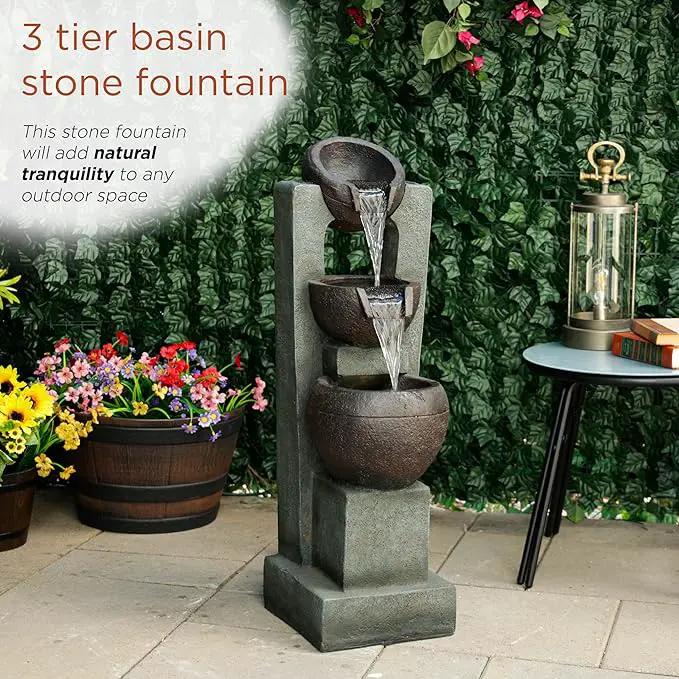 Alpine Corporation TZL400 34" 3 Tier Basin Cascading Fountain with LED Lights, Elegant Outdoor Water Feature for Garden, Patio, Yard & Outdoor Spaces, Relaxing Waterfall Fountain, Gray by GreenHaven Gardens