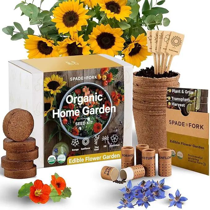 Organic Edible Flower Garden Seed Kit - 23pc Indoor Garden with Soil, Pots, Plant Markers, USDA Organic Non-GMO Seeds & Illustrated Instructions - Sunflower, Borage, Thai Basil, Dill, Nasturtium by GreenHaven Gardens