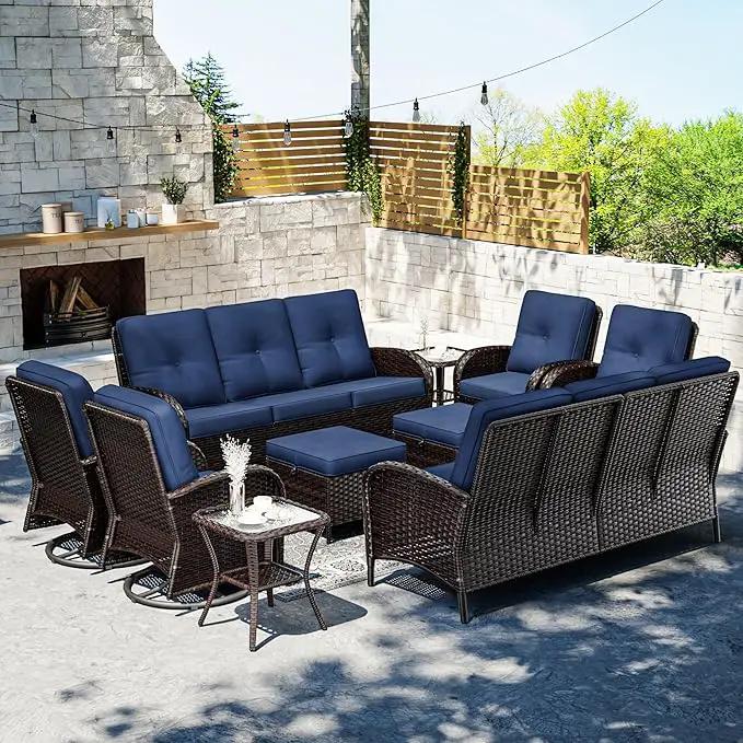 Joyside 10 Piece Patio Furniture Set, Outdoor Wicker Conversation Sets with Swivel Rocker Chairs and Sofa, Thick Cushion, Rattan Patio Sectional for Porch, Deck Use (Brown/Blue, 10 PCS) by GreenHaven Gardens