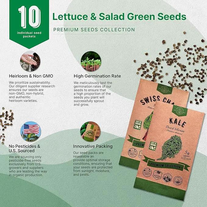 Organo Republic 10 Lettuce & Salad Greens Seeds Variety Pack 13000+ Non-GMO Heirloom Lettuce Seeds for Planting Indoors & Outdoors Garden, Hydroponics - Arugula, Radicchio, Kale, Spinach, Swiss Chard by GreenHaven Gardens