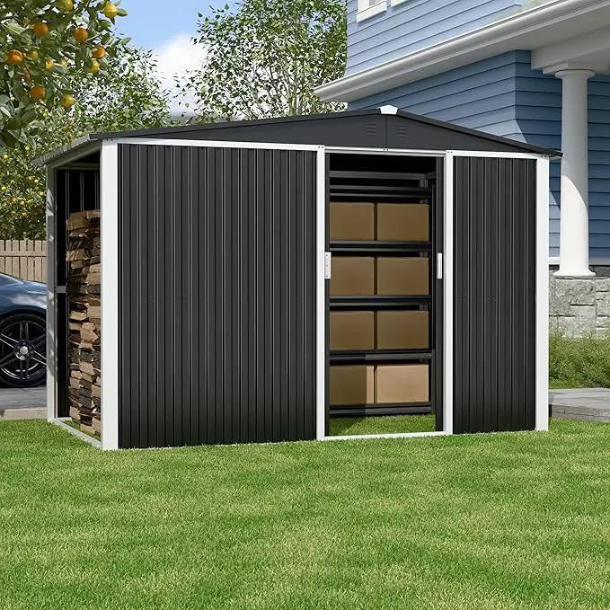 Metal Outdoor Storage Shed 10FT x 6FT with Firewood Storage, Steel Utility Tool Shed Storage House with Sliding Door, Metal Sheds Outdoor Storage for Backyard Garden Patio Lawn, Black by GreenHaven Gardens