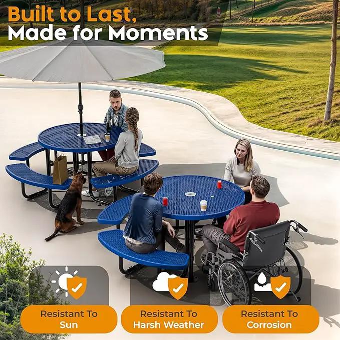Metal Picnic Tables for Outdoors with Umbrella Hole - Coated Steel Heavy Duty Commercial Grade Table with Adjustable Seats (Blue, 46 in, Round, Expanded Steel) by GreenHaven Gardens