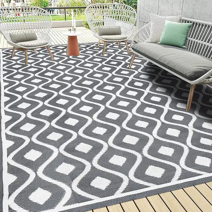 Pauwer Waterproof Outdoor Rug 8x10, Reversible Plastic Straw Patio Camping Rug, Indoor Outdoor RV Mat Carpet for Deck, Camper, Porch, Balcony, Backyard, Picnic, Geometric Grey by GreenHaven Gardens
