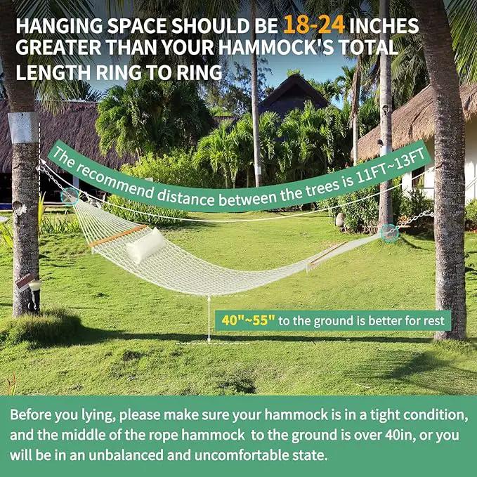 13FT Hammocks, Traditional Hand Woven Cotton Rope Hammock with Free Extension Chains for Outdoor Indoor Patio Yard 450 LSB Capacity for Two Person (Natural) by GreenHaven Gardens