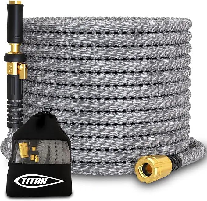 TITAN Flexible Garden Hose 100FT – Ultra Lightweight, Heavy Duty Water Hose with Brass Fittings & Jet Nozzle – Kink-Free, Non-Expanding, Durable Fabric Hose for Yard, Lawn, Car Wash, Outdoor Use by GreenHaven Gardens