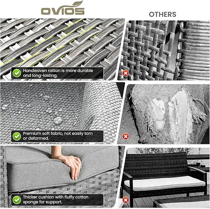 ovios 8 Pieces Patio Furniture Set with 30" Fire Pit Table, Outdoor Wicker Sofa with Comfy Cushions, All Weather High Back Rattan Couch Conversation Set, Dark Grey by GreenHaven Gardens