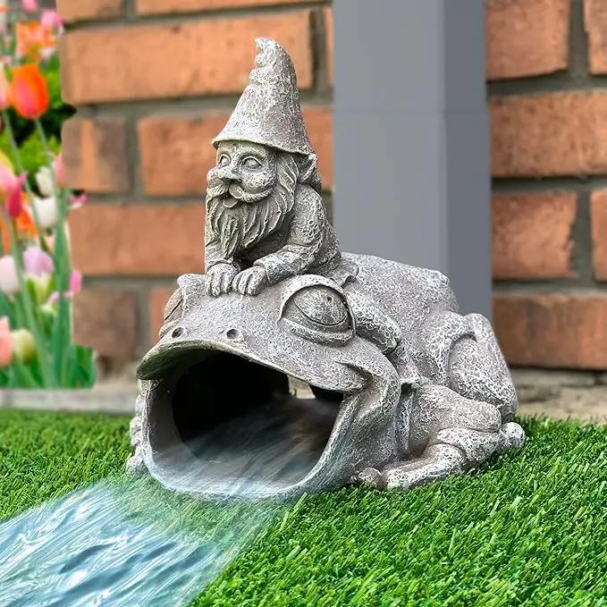 Gutter Downspout Extension - Downspout Splash Block - Downspout Diverter Garden Statue (Gutter in The Form of Funny Gnome on a Frog) by GreenHaven Gardens