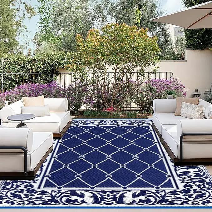 OutdoorLines Indoor Outdoor Rug for Patio 6x9 ft - Reversible Outside Carpet, Stain & UV Resistant Portable RV Mat, Plastic Straw Rug for Camping, Pool Deck, Porch Rhombus Navy & White by GreenHaven Gardens