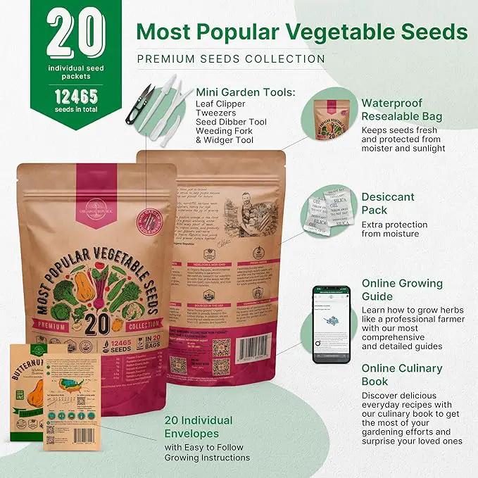 20 Vegetable Seeds Variety Pack - 12,460+ Non-GMO Heirloom Seeds for Planting Vegetables and Fruits in Individual Seed Packets, Home Garden Seeds for Hydroponic, Indoor and Outdoors Gardening by GreenHaven Gardens