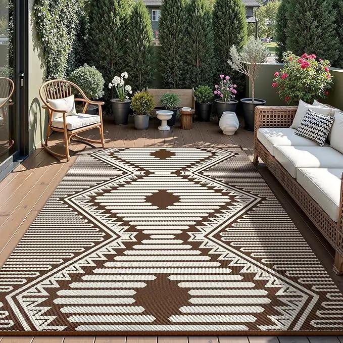 MontVoo Outdoor Rug-Waterproof Patio Rug Mat 5x8 Outdoor Carpet Mat Reversible Plastic Straw Outside Outdoor Rug for RV Camping Picnic Balcony Backyard Pool Deck Porch Modern Boho Beige Brown by GreenHaven Gardens