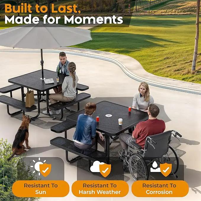Metal Picnic Tables for Outdoors with Umbrella Hole - Coated Steel Heavy Duty Commercial Grade Table with Adjustable Seats (Black, 46 in, Square, Punched Steel) by GreenHaven Gardens