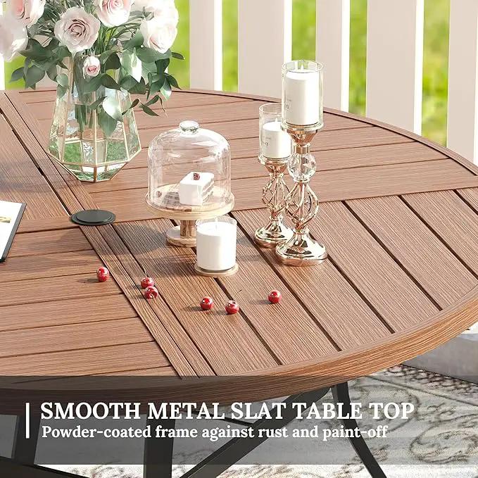 VICLLAX Round Patio Table with Adjustable Umbrella Hole for 6, All Weather Metal Outdoor Dining Table for Lawn Garden, 47.2" Outdoor Coffee Table, Walnut Wood-Like Tabletop