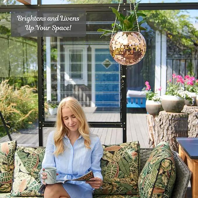 SCANDINORDICA Disco Ball Planter – Value Package: Mirror Disco Planter with Chain, Macrame Hanger and Acrylic Stand for Desk, Self Watering Insert, Plant Lover Gifts | 10 inch Rose Gold by GreenHaven Gardens