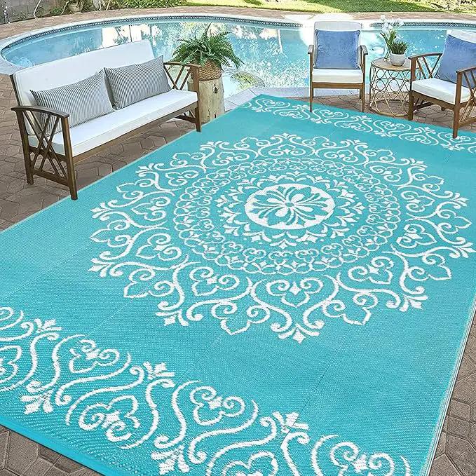 Pauwer Waterproof Outdoor Rug 9x12, Reversible Plastic Straw Patio Camping Rug, Indoor Outdoor RV Mat Carpet for Deck, Camper, Porch, Balcony, Backyard, Picnic, Floral Teal by GreenHaven Gardens