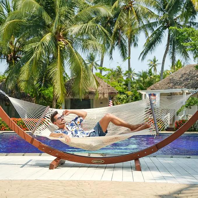 Lazy Daze Hammocks 10.5 FT Double 2 Person Caribbean Rope Hammock, Hand Woven Polyester Hammock with Spreader Bars, for Outside Outdoor Backyard Patio Poolside,450 LBS Capacity, Cream by GreenHaven Gardens