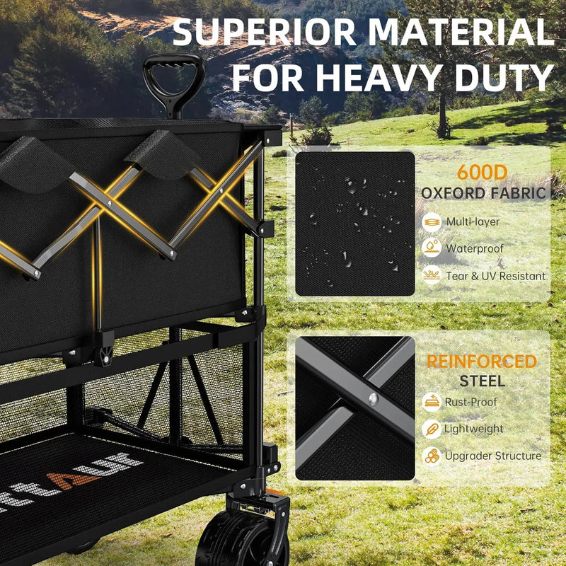 Foldable 50''L Extra Long Double Decker Wagon for Sport, 400L Collapsible Heavy Duty Wagon Cart with Big Wheels, Utility All-Terrain Large Extender Cart for Outdoors by GreenHaven Gardens
