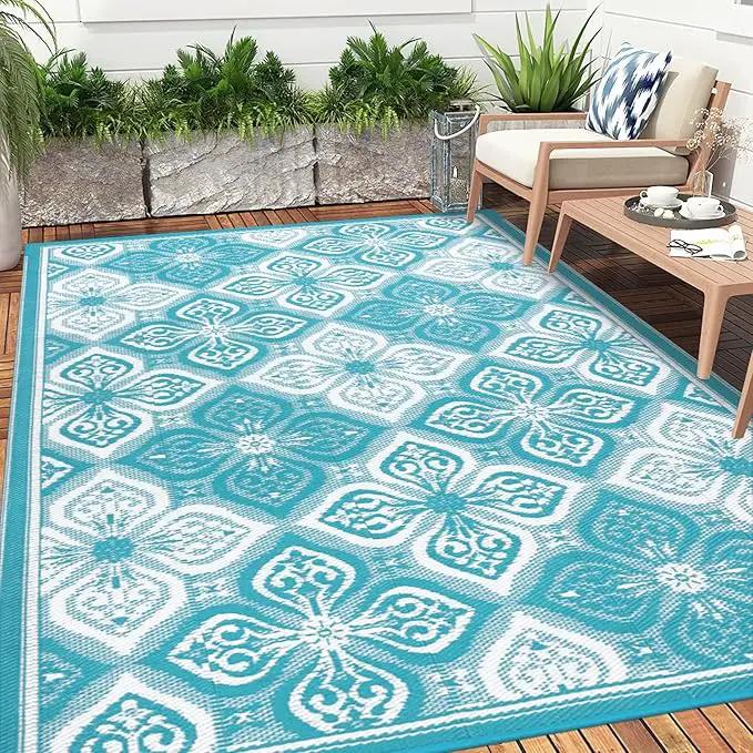 Pauwer Waterproof Outdoor Rug 6x9, Reversible Plastic Straw Patio Camping Rug, Indoor Outdoor RV Mat Carpet for Deck, Camper, Porch, Balcony, Backyard, Picnic, Clover Teal by GreenHaven Gardens