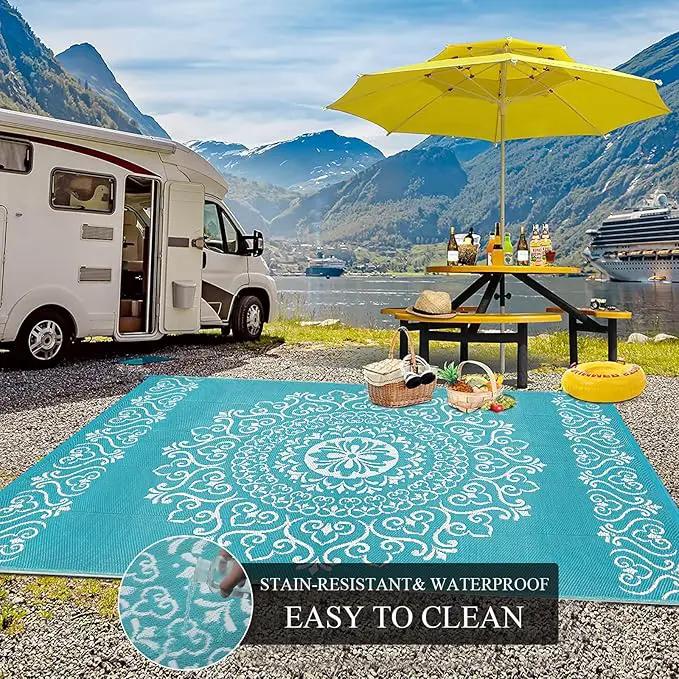 Pauwer Waterproof Outdoor Rug 5x8, Reversible Plastic Straw Patio Camping Rug, Indoor Outdoor RV Mat Carpet for Deck, Camper, Porch, Balcony, Backyard, Picnic, Floral Teal by GreenHaven Gardens