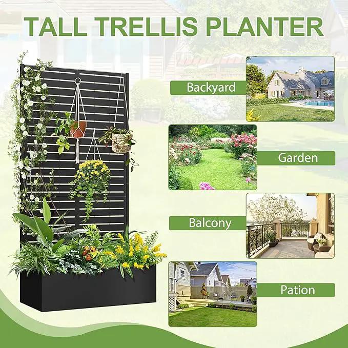 Trellis for Climbing Plants Outdoor，Mental Garden Bed with Drainage Holes Outdoor Privacy Screen Design Tall planters for herb Flower Vegetables 73"x35"x16", Black-Louvered by GreenHaven Gardens