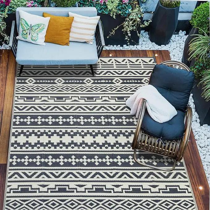 RV Waterproof Mat Outdoor Rugs 9'x12' for Patios Clearance Carpet Camping, Large Plastic Straw (9x12ft Geometric Boho Grey&White) by GreenHaven Gardens