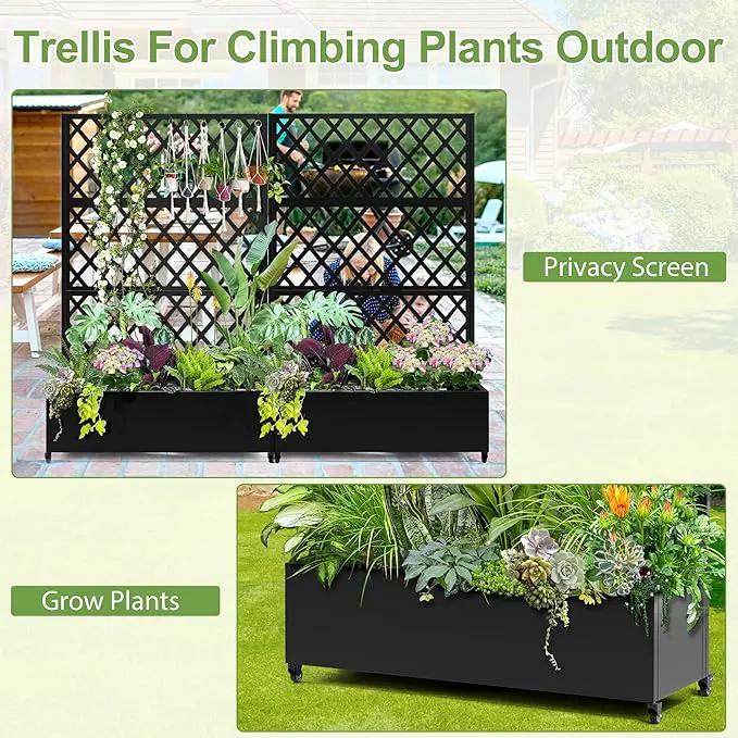 Metal Planter Trellis Box with Wheels & Drain Plug Outdoor Raised Garden Bed Patio Privacy Screen with Planter for Climbing Plants, Vegetables 73"x47"x16" Black-Diamond by GreenHaven Gardens