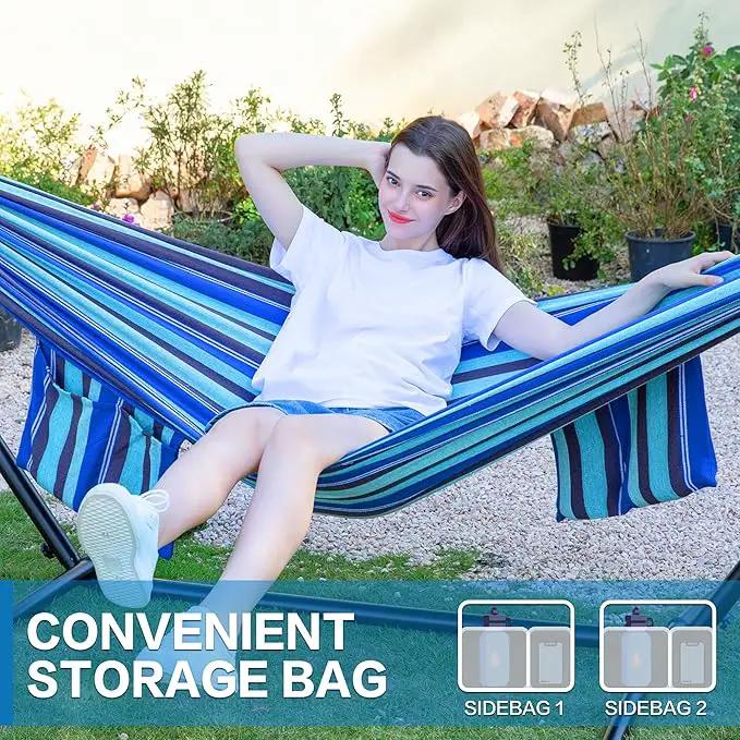 PNAEUT Double Hammocks with Stand for Outside, Portable Space Saving Heavy-Duty Steel Stand for Indoor Outdoor Patio with Carrying Bag, 450 lbs Capacity (Blue Lagoon) by GreenHaven Gardens