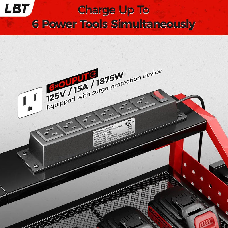 LBT Power Tool Organizer With Charging Station,Patented,Heavy Duty Steel,6 Drilling Rig Sizes With Hooks And Screw Boxes,6 sockets,Easy To Install Garage Storage Rack,Great Gift For Men, Red by GreenHaven Gardens