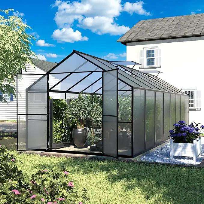 8x16 FT Polycarbonate Aluminum Greenhouse Kit, Outdoor Walk-in Green House with Adjustable Roof Vents and Lockable Door, Backyard Garden in Winter, Gray by GreenHaven Gardens