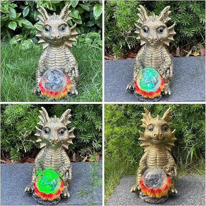 Solar Garden Statue Dragon Figurine with 7-Color Changing Solar Crackle Globe Lights- Loving Dragon for Patio,Balcony,Yard, Lawn-Unique Idea Gifts (Grey) by GreenHaven Gardens