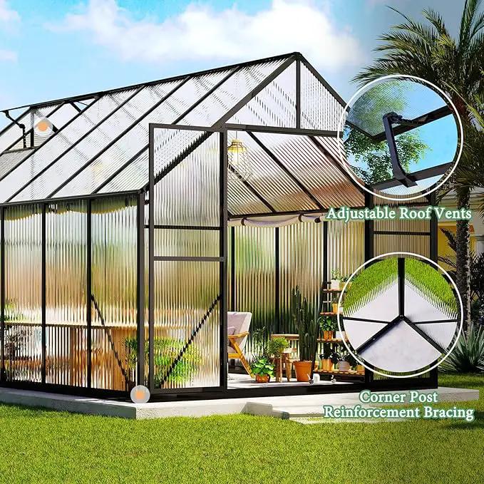 Amerlife 8x11.5x7 FT Polycarbonate Greenhouse for Outdoors, Walk-in Design with Aluminum Frame, 2 Windows and Swing Door, Heavy-Duty Greenhouse Construction for Garden, Black by GreenHaven Gardens