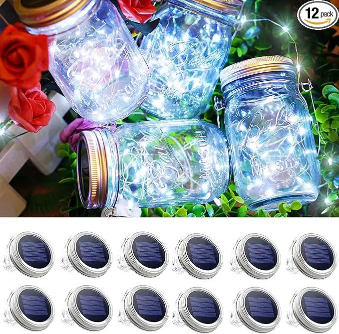 Mason Jars Lids 30 LED 12 Pack Solar Fairy Firefly Lights - Solar Lantern Hanging Lights for Patio Yard Garden Wedding Decorations - Cool White by GreenHaven Gardens