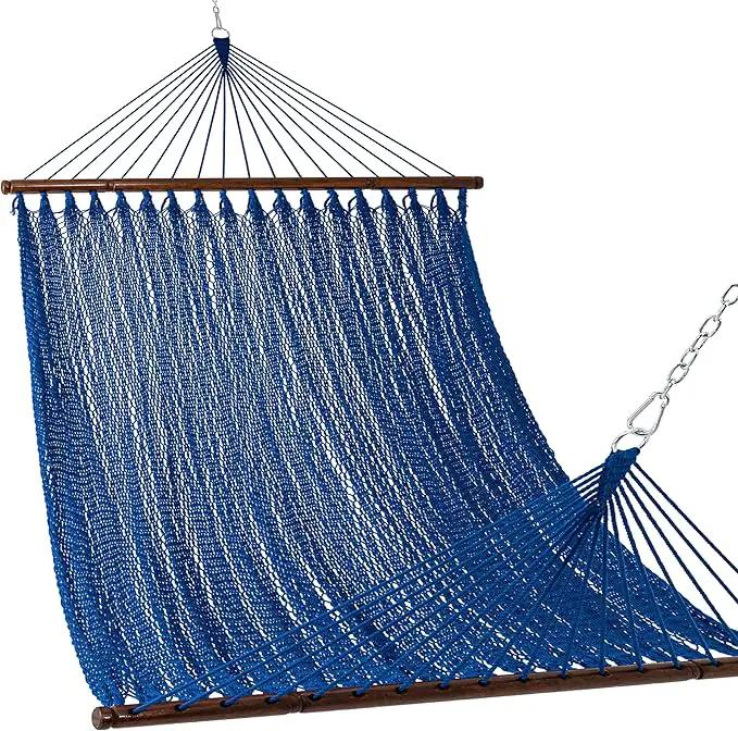 Lazy Daze Hammocks 10.5 FT Double 2 Person Caribbean Rope Hammock, Hand Woven Polyester Hammock with Spreader Bars, for Outside Outdoor Backyard Patio Poolside,450 LBS Capacity, Blue by GreenHaven Gardens