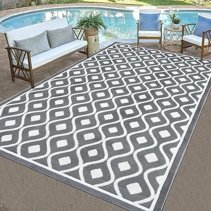 Pauwer Waterproof Outdoor Rug 6x9, Reversible Plastic Straw Patio Camping Rug, Indoor Outdoor RV Mat Carpet for Deck, Camper, Porch, Balcony, Backyard, Picnic, Geometric Grey by GreenHaven Gardens