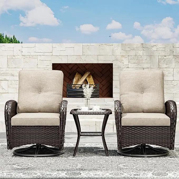 Joyside Outdoor Swivel Rocker Chairs, 3 Piece Wicker Patio Set with Thick Cushion and Side Table, Rattan Patio Swivel Rocking Chairs for Porch, Deck Use (Brown/Beige, 3 PCS) by GreenHaven Gardens