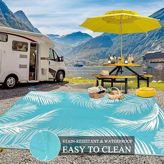 Pauwer Waterproof Outdoor Rug 10x14, Reversible Plastic Straw Patio Camping Rug, Indoor Outdoor RV Mat Carpet for Deck, Camper, Porch, Balcony, Backyard, Picnic, Leaf Teal by GreenHaven Gardens