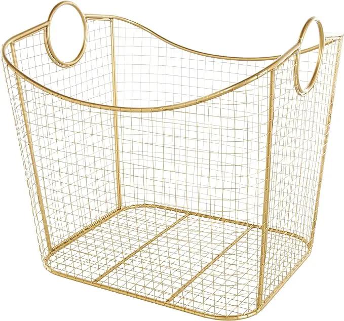Deco 79 Metal Decorative and Functional Storage Basket Deep Basket Organizer with Round Handles, Basket for Storage 20" x 18" x 19", Gold by GreenHaven Gardens