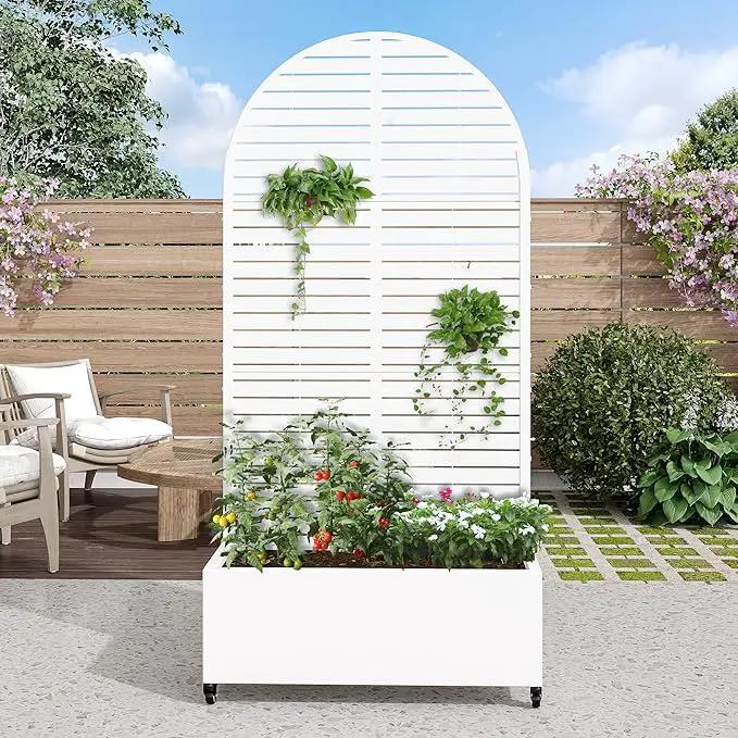 Casaphoria Metal Raised Garden Bed with Trellis and Wheels, 72"x35"x16" Arched Planter Box for Climbing Plants, Vegetables & Vines, Features Drainage Holes and Privacy Screen (White-Louvered) by GreenHaven Gardens