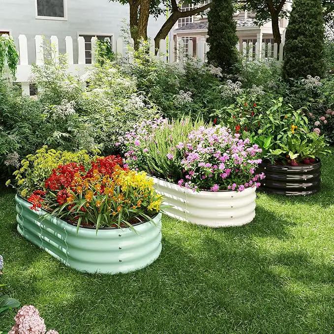 Galvanized Metal Planter Round Raised Garden Bed Kit for Gardening Outdoor，2x2x1ft Grow Garden Box Raised Flower Bed，Round Galvanized Planter Outdoor Metal Fire Pit Ring White by GreenHaven Gardens