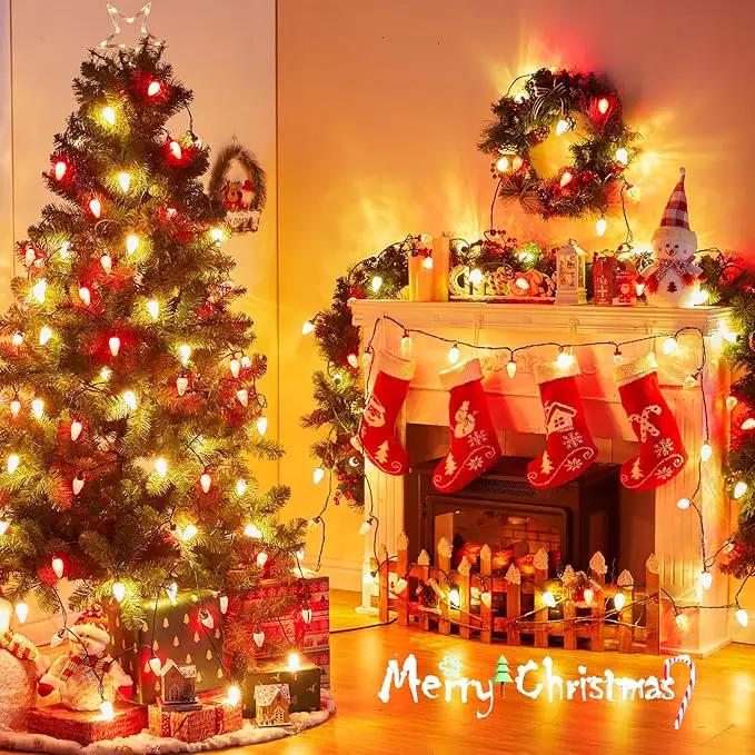 Brightown C9 LED Christmas String Lights, 66ft 100 LED Waterproof Strawberry String Lights, Plug-in Extendable Green Wire Lights String for Outdoor Outside Patio Party Decoration, Red and Warm White by GreenHaven Gardens
