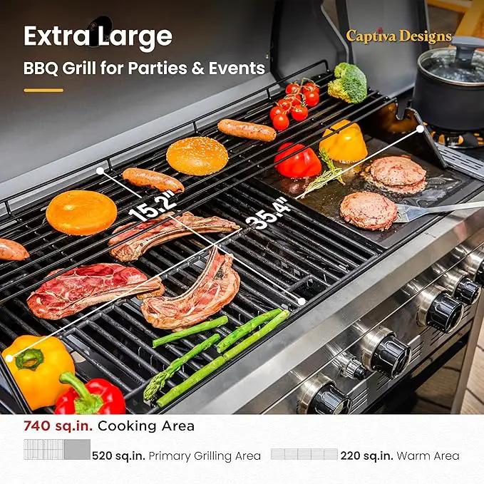 Captiva Designs 6-Burner Propane Gas BBQ Grill with Side Burner & Porcelain-Enameled Cast Iron Grate and Plate for Outdoor Barbucue Events, 52,000 BTU Output,740 SQ.IN. Cooking Area，Heavy Duty by GreenHaven Gardens