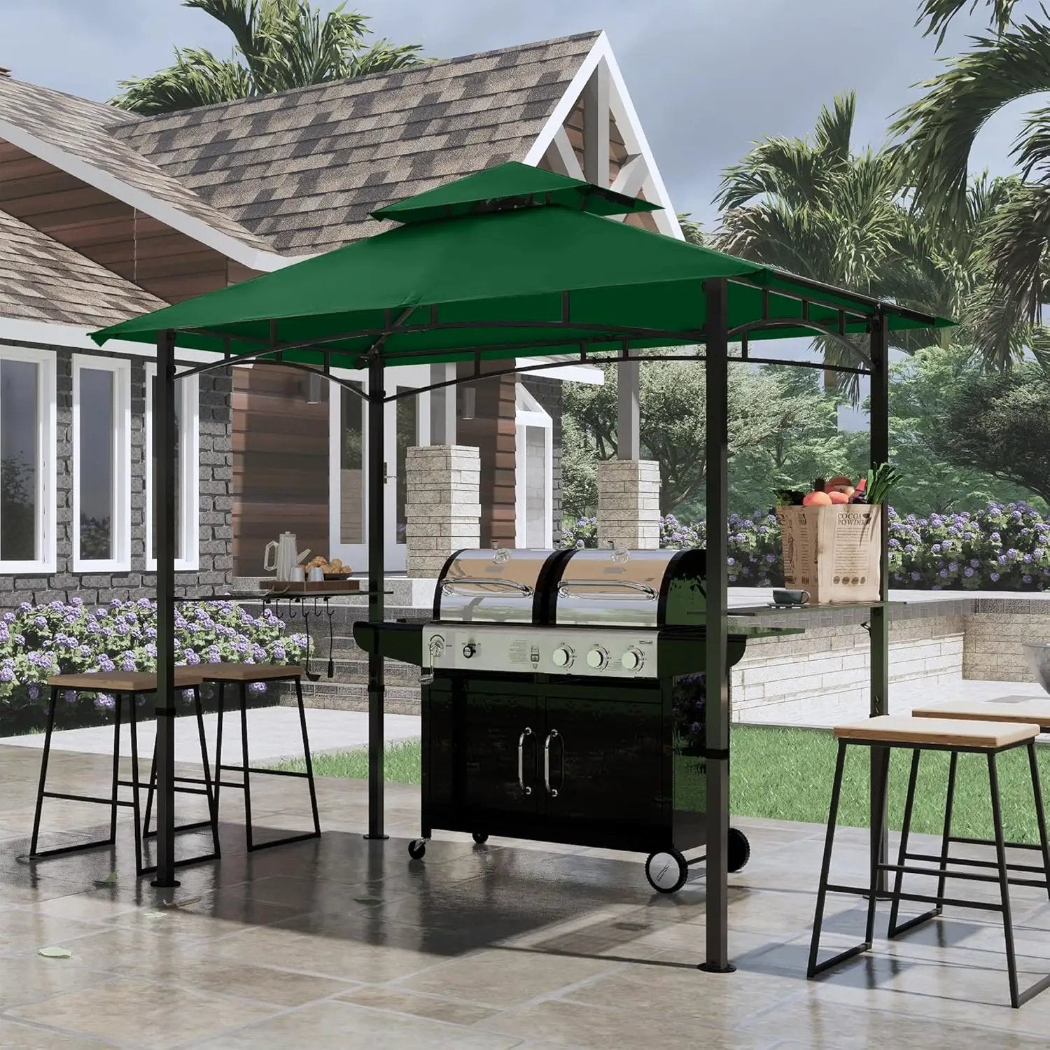 COOSHADE 8'x 5' Grill Gazebo Double Tiered Outdoor BBQ Gazebo Canopy with LED Light (Forest Green) by GreenHaven Gardens