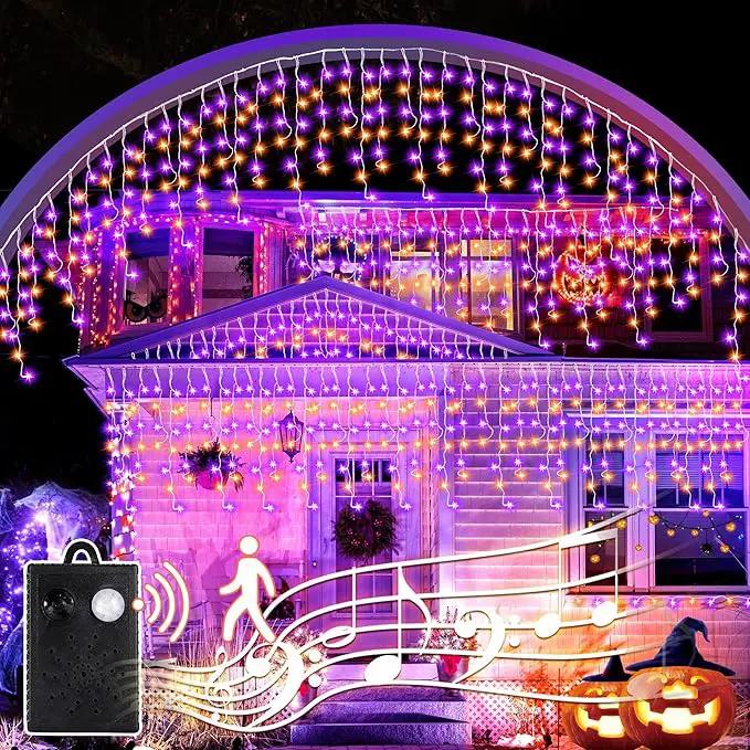 Halloween Icicle Lights with Spook Music Motion Sensing Function - 340LED 29Ft Purple Orange Curtain String Lights - Plug in Lighting for Outdoor Garden Window House Bedroom Halloween Decorations by GreenHaven Gardens