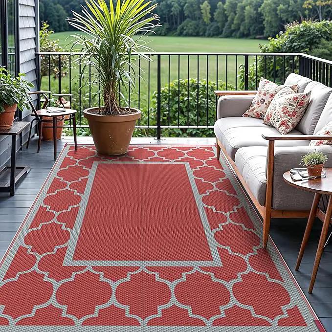 GENIMO 6' x 9' Outdoor Rug Waterproof for Patio Decor, Foldable Reversible Plastic Straw Area Rugs Mat for Camper, Outside Carpet for Rv, Deck, Porch, Picnic, Beach, Balcony, Red & Grey by GreenHaven Gardens