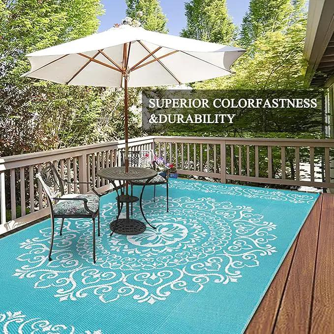 Pauwer Waterproof Outdoor Rug 5x8, Reversible Plastic Straw Patio Camping Rug, Indoor Outdoor RV Mat Carpet for Deck, Camper, Porch, Balcony, Backyard, Picnic, Floral Teal by GreenHaven Gardens
